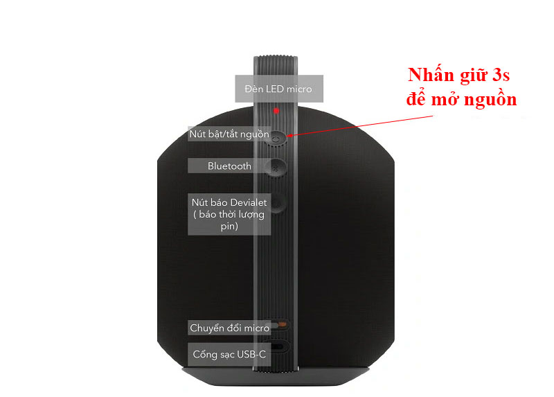 Bước 1: Nhấn nút nguồn (nút tròn) trên thân loa trong 3 giây cho đến khi bạn thấy đèn LED bật sáng và nghe thấy âm báo khởi động