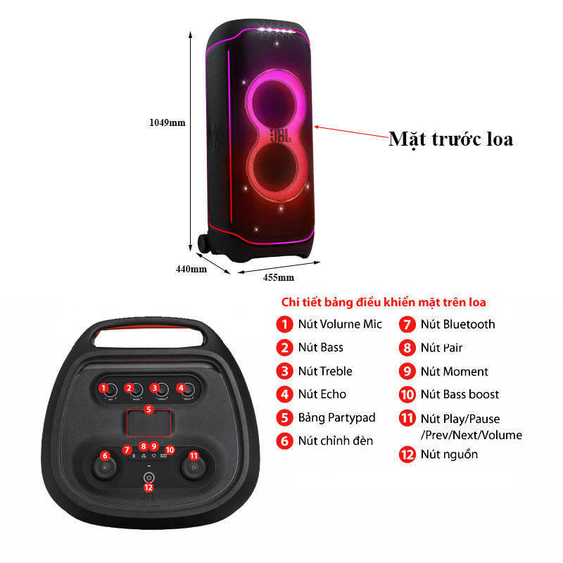 chi tiết bảng điều khiên mặt trên loa JBL Partybox Ultimate