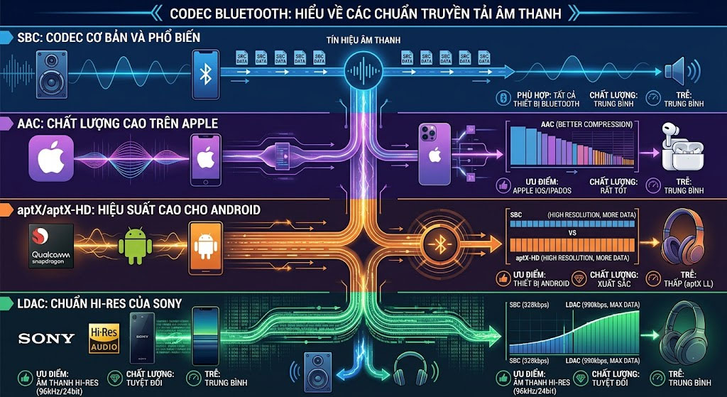 Giải Mã Codec Bluetooth: SBC, AAC, aptX, LDAC Là Gì Và Bạn Nên Chọn Chuẩn Nào?